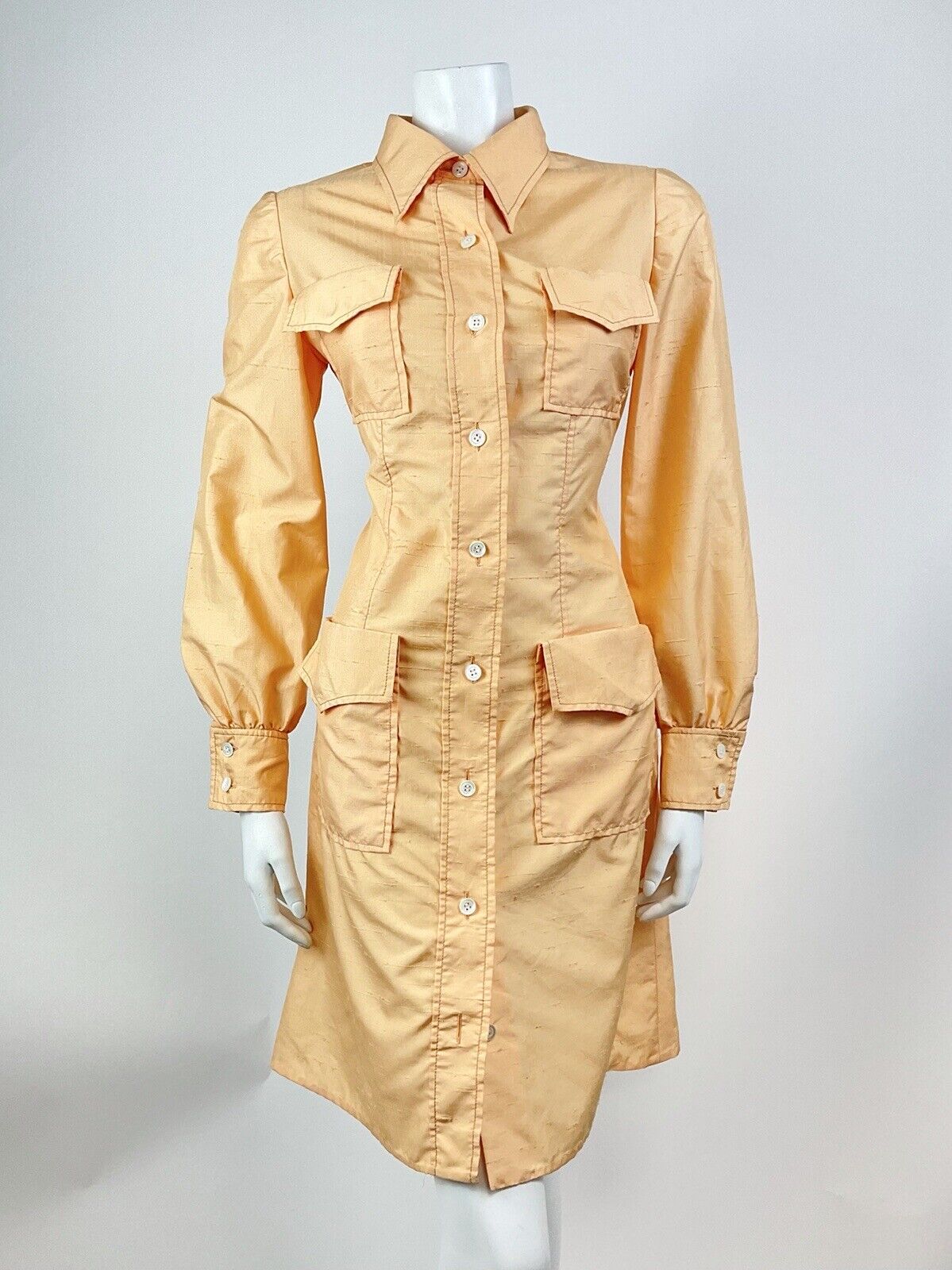 VINTAGE 60s 70s PEACH ORANGE MOD LONGSLEEVE DAGGER COLLAR SHIRT DRESS 10 12