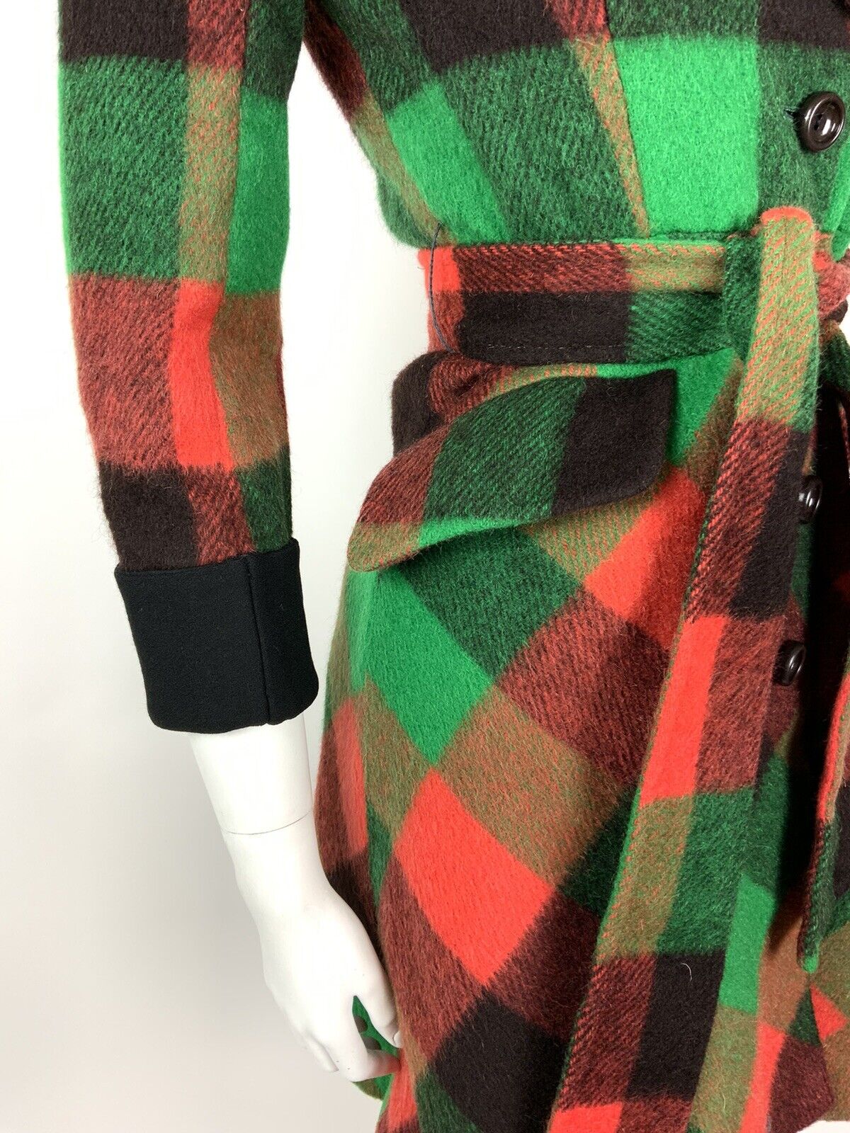 VTG 90s DOES 70S GREEN ORANGE BLACK CHECK BELTED PRINCESS SHORT WOOL COAT 8