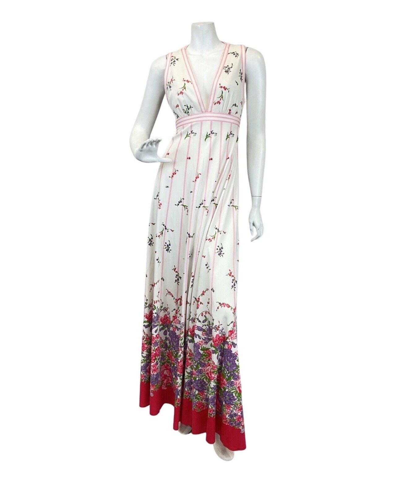 VINTAGE 60s 70s WHITE RED PINK FLORAL BOTANICAL SLEEVELESS SUMMER MAXI DRESS 10