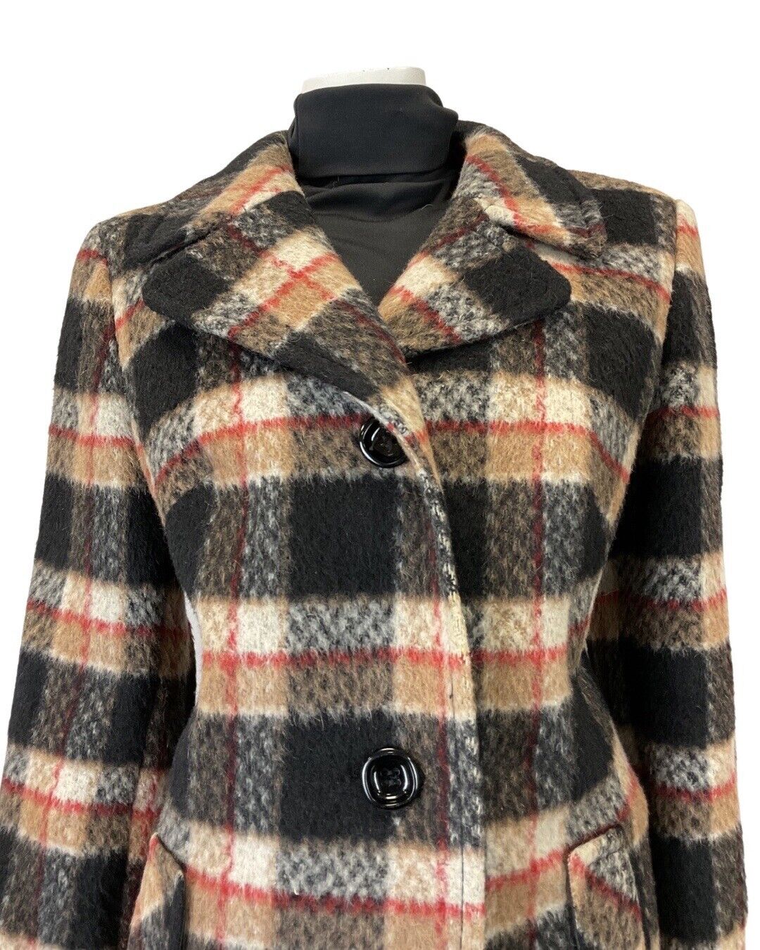 VINTAGE 60s 70s BLACK CREAM RED PLAID CHECKED MOD WOOL COAT 16