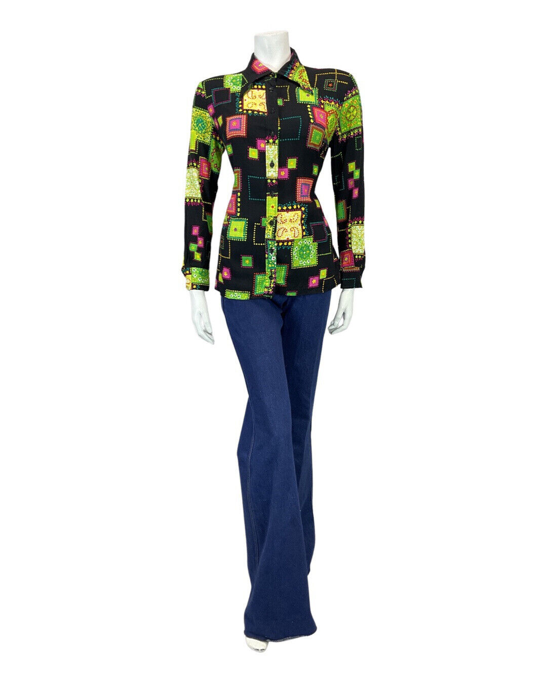 VINTAGE 60s 70s BLACK GREEN PINK PATCHWORK PAISLEY MOD DAGGER SHIRT 10 12