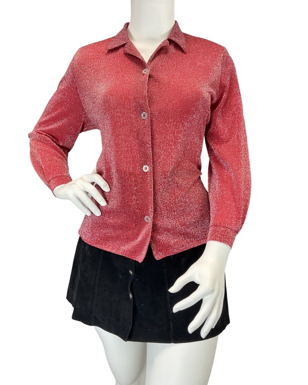 VINTAGE 60s 70s BRIGHT RED SILVER DISCO PARTY LUREX BLOUSE SHIRT 16 18