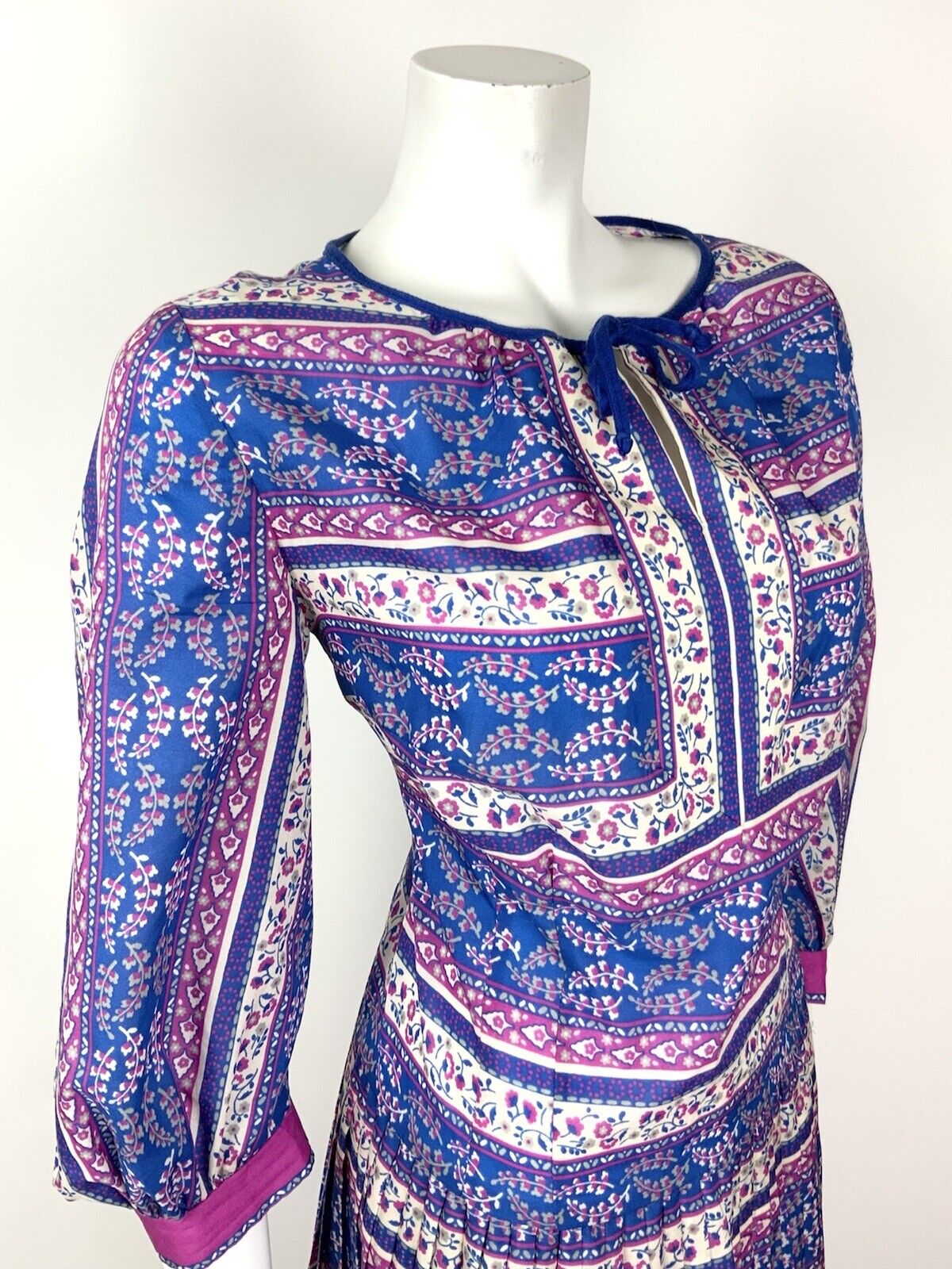 VTG 60s 70s BLUE PINK WHITE FLORAL STRIPED GYPSY BOHO FOLK PLEATED DRESS 14 16