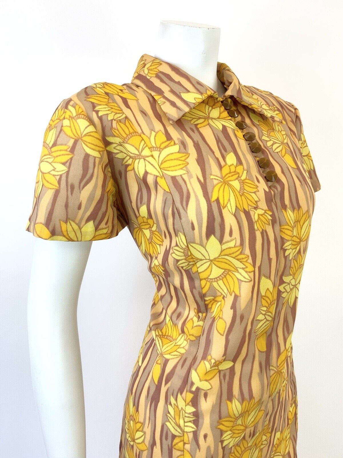 VINTAGE 60s 70s YELLOW BROWN BEIGE STRIPED FLORAL MOD SHIRT SHIFT DRESS 14 16