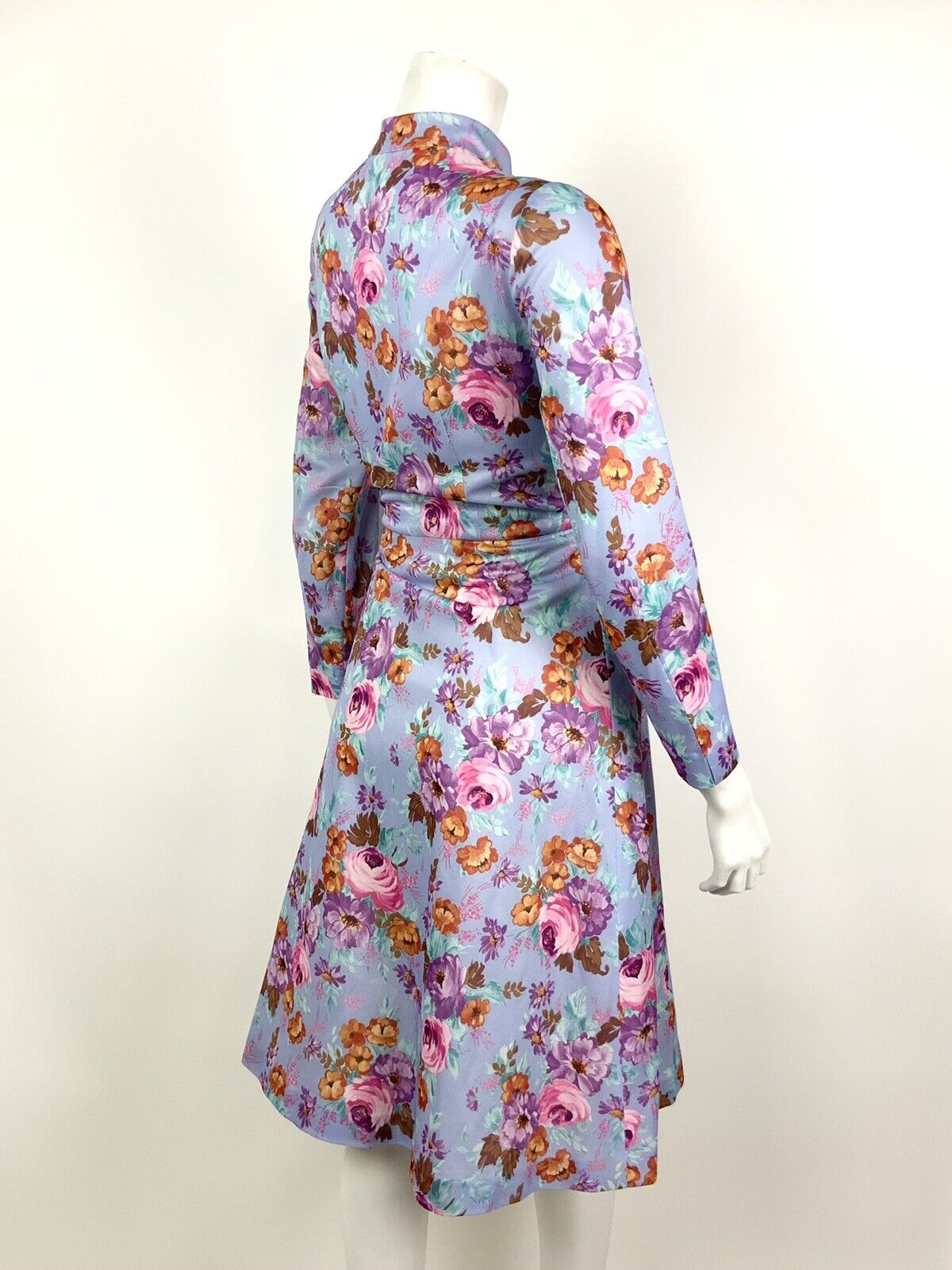 VINTAGE 60s 70s LILAC PINK BLUE ORANGE FLORAL MANDARIN COLLAR SWING DRESS 10 12
