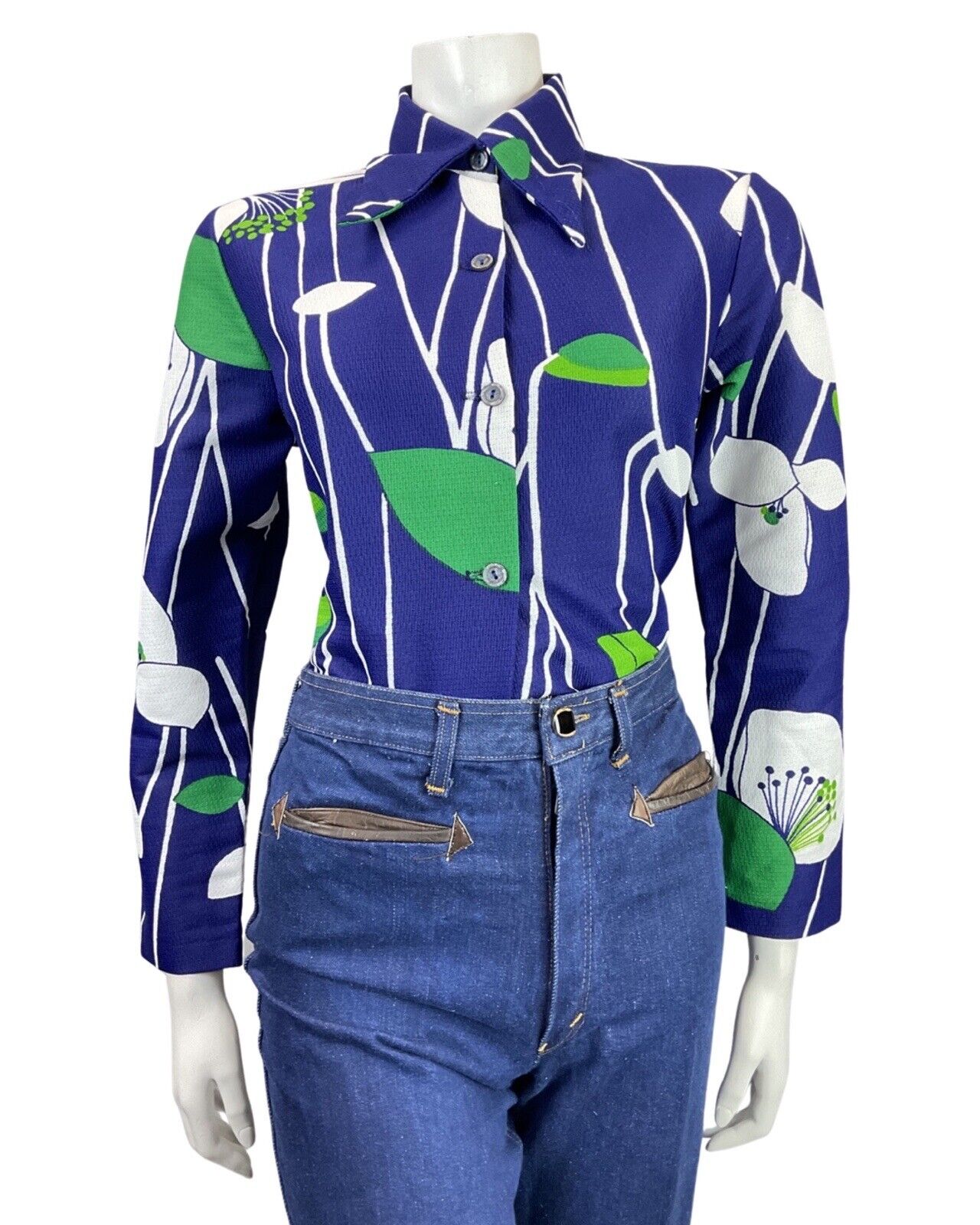VINTAGE 60s 70s NAVY BLUE WHITE GREEN STRIPED LEAFY FLORAL DAGGER BLOUSE 14