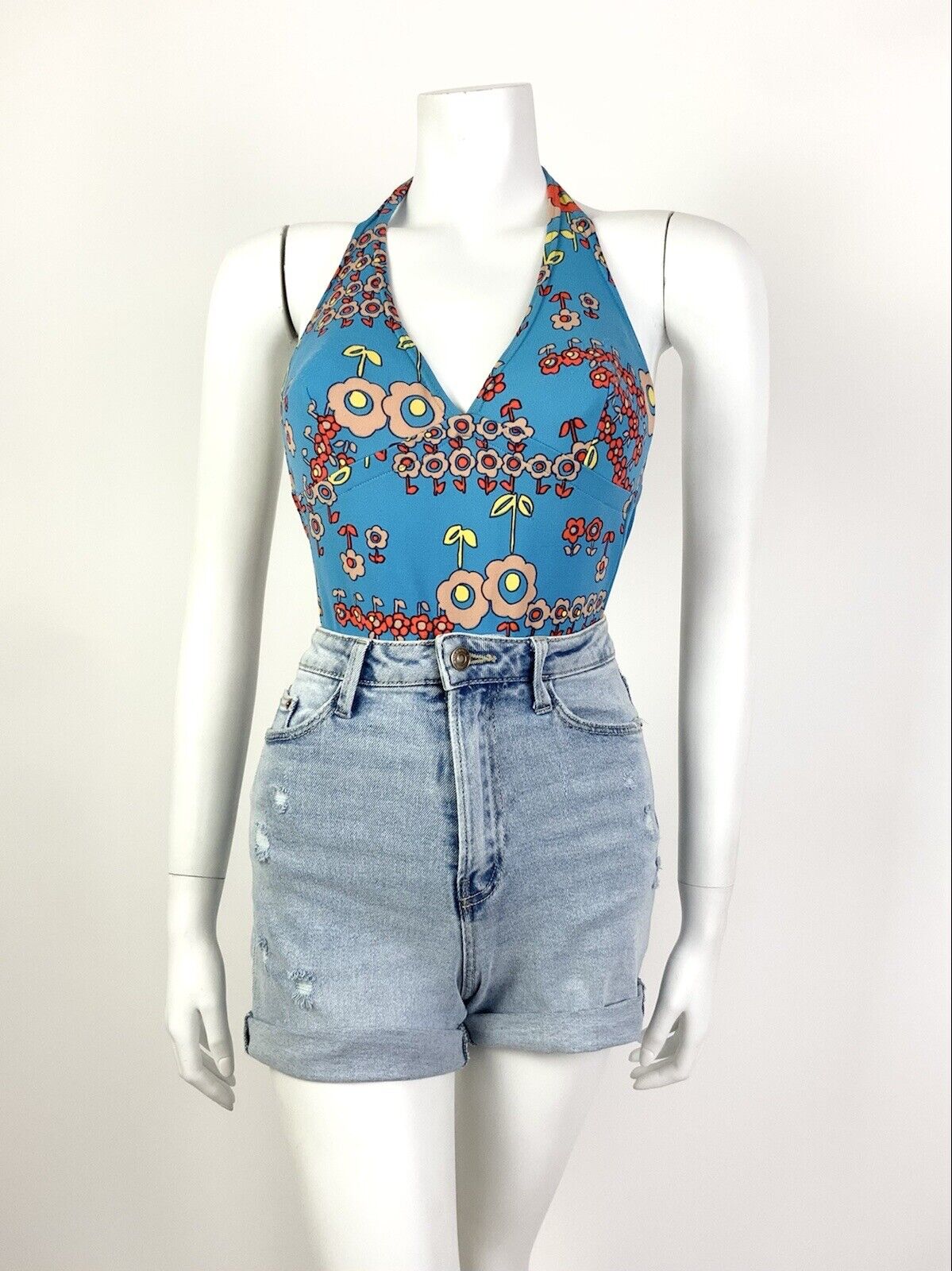 VTG 60s 70s BLUE ORANGE FLORAL DAISY MOD PSYCHEDELIC BATHING SWIM SUIT 8 10