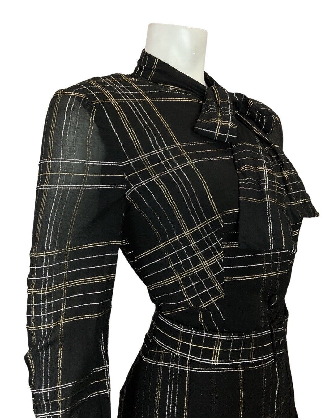 VINTAGE 60s 70s BLACK GOLD SILVER CHECKED MOD SHEER PUSSYBOW SHIRT DRESS 12