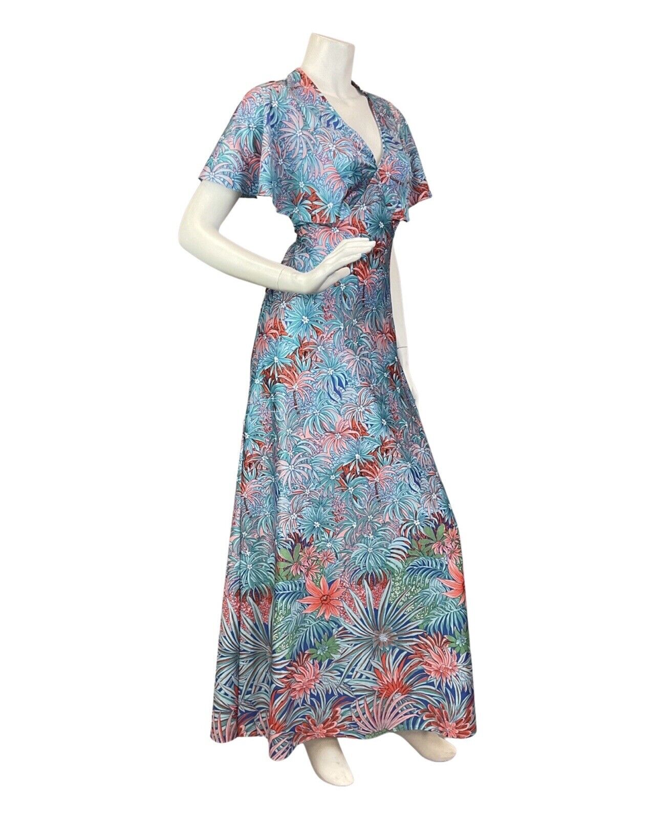 VINTAGE 60s 70s BLUE RED PEACH PSYCHEDELIC PALM LEAF FLORAL CAPED MAXI DRESS 14