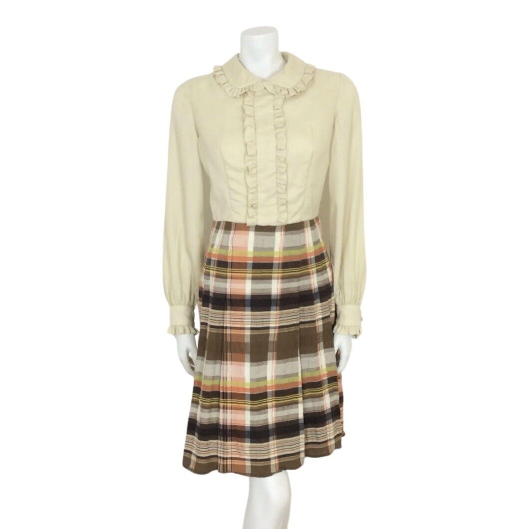 VINTAGE 60S CREAM BROWN PLAID TARTAN MOD MAD MEN SECRETARY SHIRT DRESS 8 10