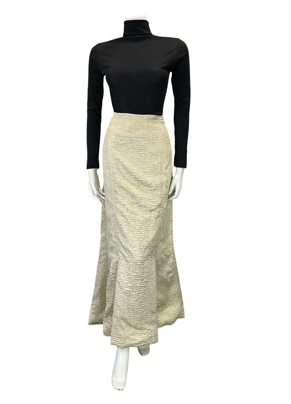 VTG 70S COOL GOLD FIT AND FLARE FISHTAIL CRINKLED PARTY FORMAL MAXI SKIRT 14