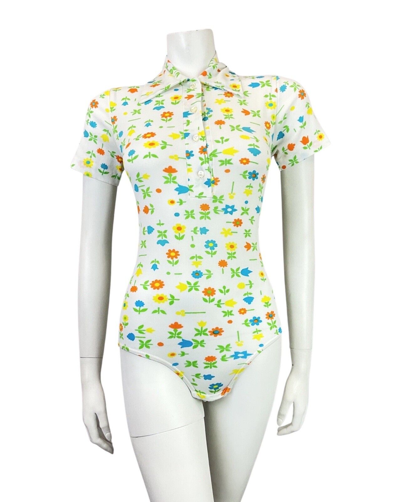 VINTAGE 60s 90s WHITE ORANGE GREEN DAISY TULIP FLORAL MOD SHIRT BODYSUIT 8 10