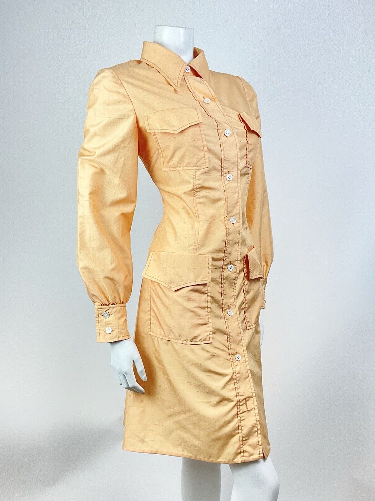VINTAGE 60s 70s PEACH ORANGE MOD LONGSLEEVE DAGGER COLLAR SHIRT DRESS 10 12