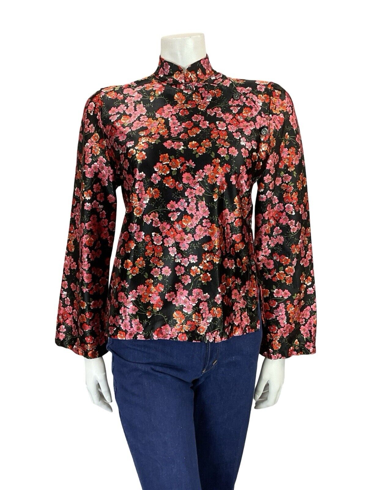 VTG 70S BLACK RED PINK FLORAL CHERRY BLOSSOM MANDARIN CHEONSAM TOP BLOUSE 8 10 S