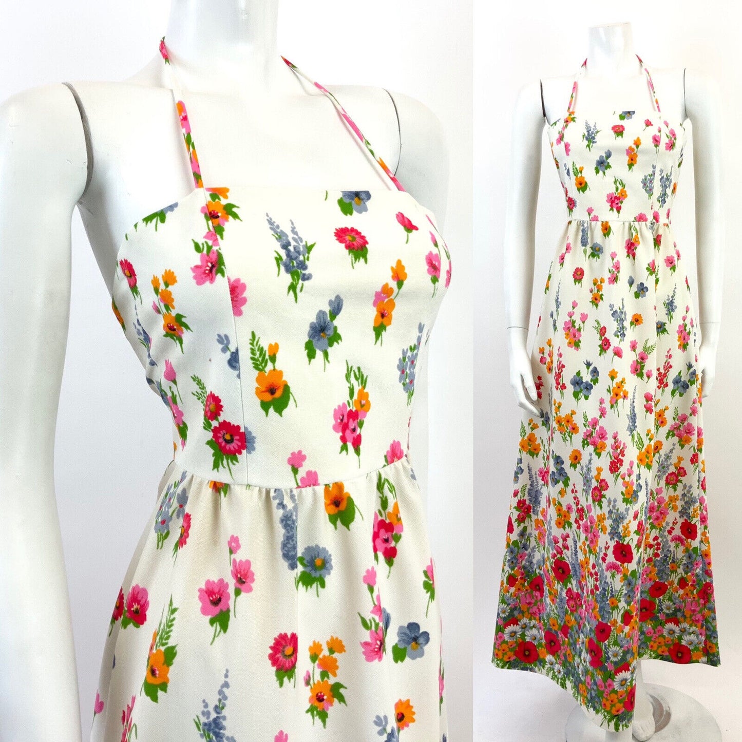 VINTAGE 60s 70s WHITE PINK BLUE ORANGE FLORAL POPPY GARDEN HALTER MAXI DRESS 4 6