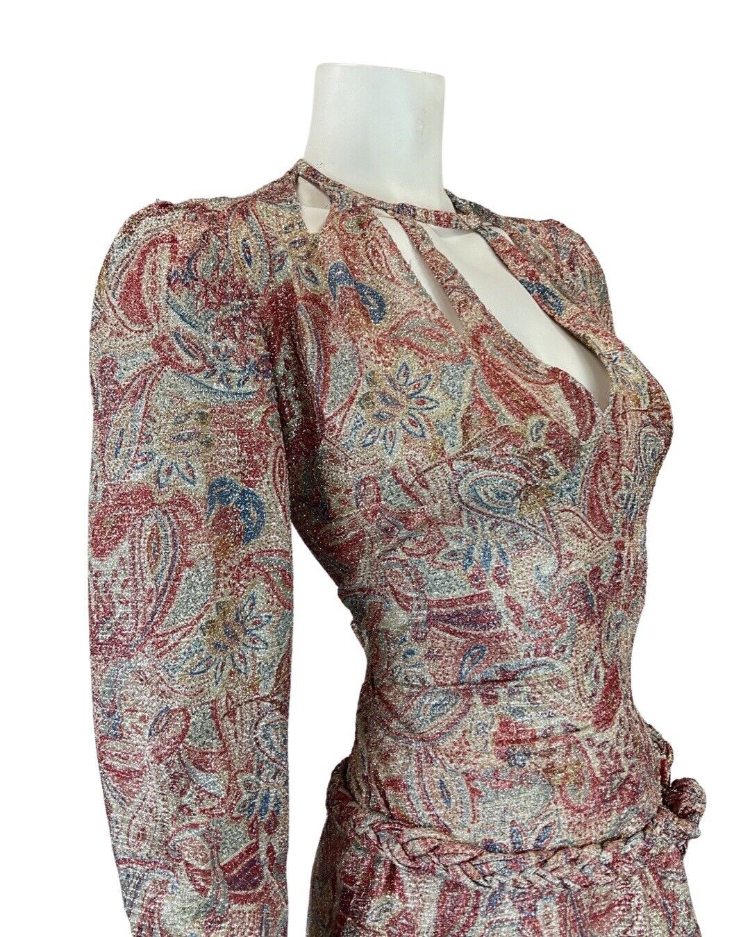 VINTAGE 60s 70s PINK BLUE SILVER PAISLEY FLORAL LUREX CUT-OUT MOD DISCO DRESS 8