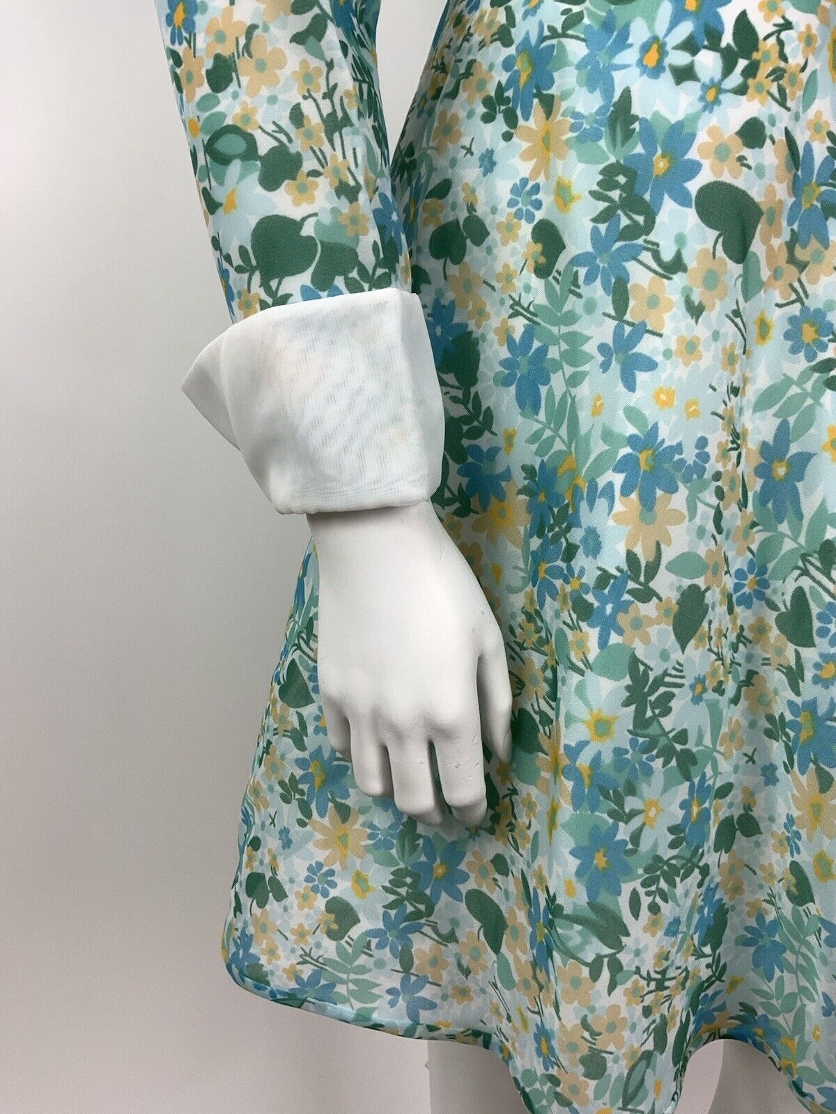 VINTAGE 60s 70s GREEN BLUE BEIGE FLORAL DITSY MOD SHEER SHIRT DRESS 10 12