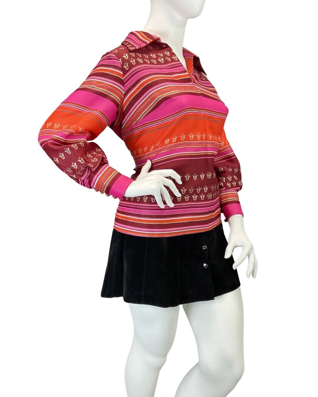 VINTAGE 60s 70s PINK GOLD STRIPED DAGGER COLLAR MOD PARTY BLOUSE SHIRT 20 22