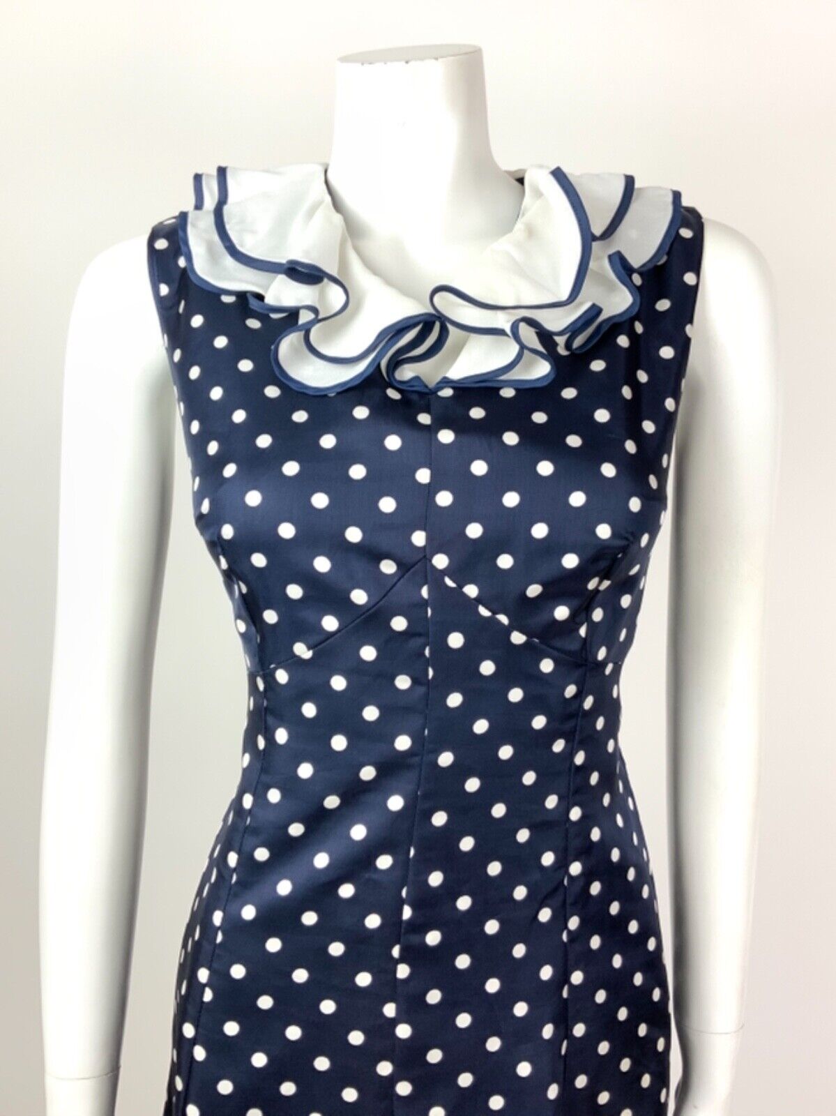 VINTAGE 60s 70s NAVY BLUE WHITE POLKA-DOT RUFFLED SLEEVELESS MOD DRESS 10 12