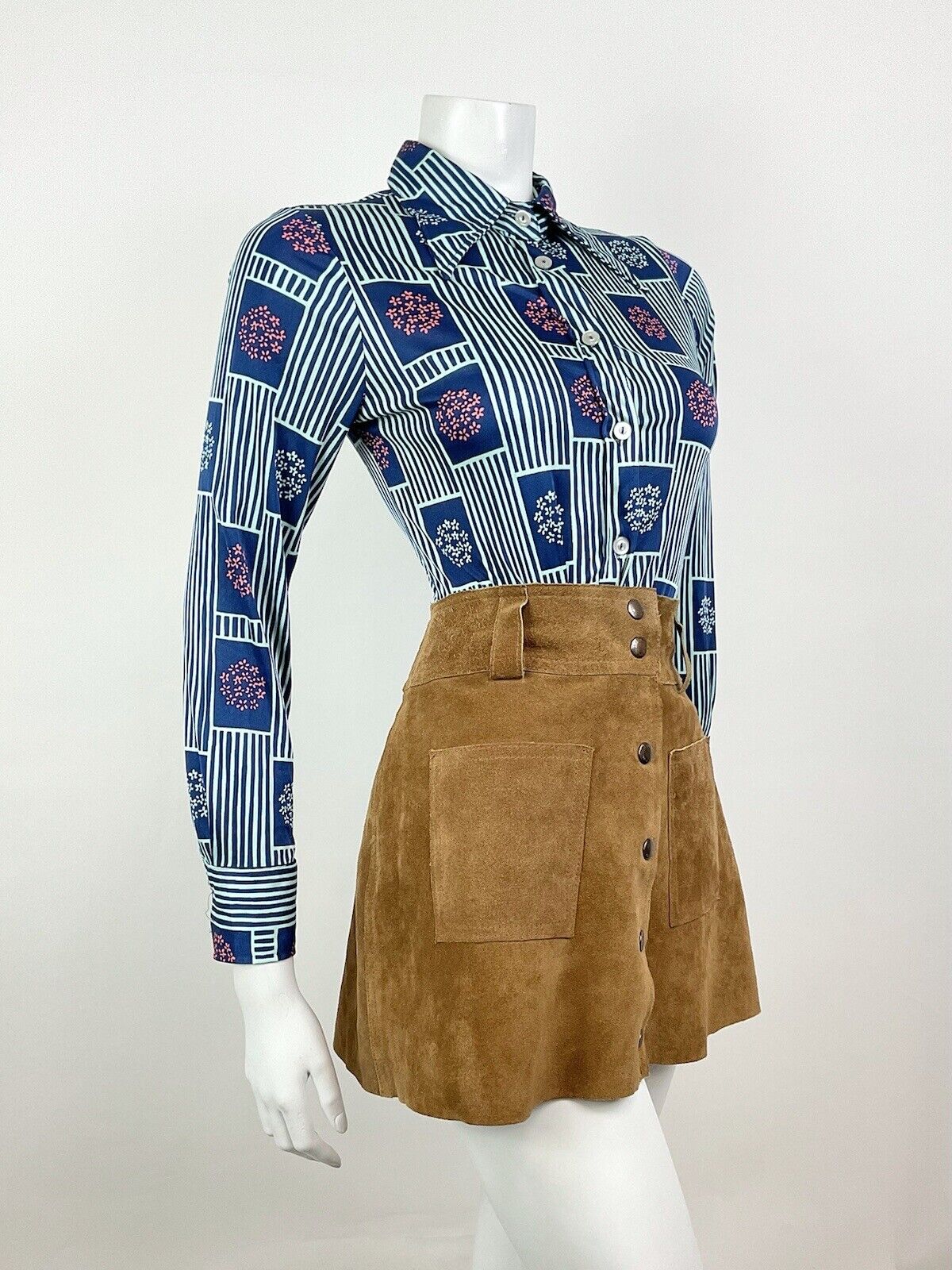 VINTAGE 60s 70s BLUE PINK STRIPED FLORAL BLOSSOM DAGGER SHIRT BLOUSE 8 10