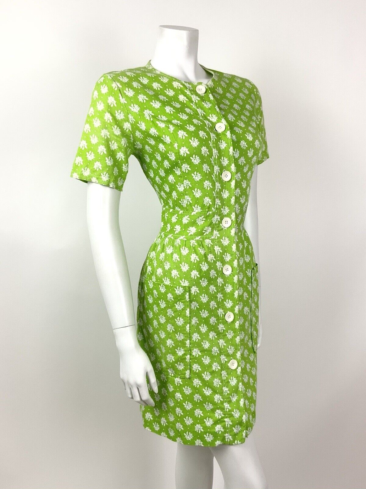 VINTAGE 60s 70s LIME GREEN WHITE FLORAL DOTTY MOD COTTON DRESS 10 12