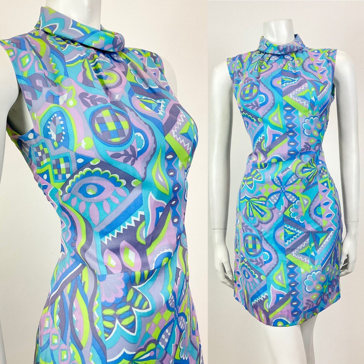 VINTAGE 60s 70s BLUE PURPLE GREEN PSYCHEDELIC GEOMETRIC MOD SHIFT DRESS 8 10