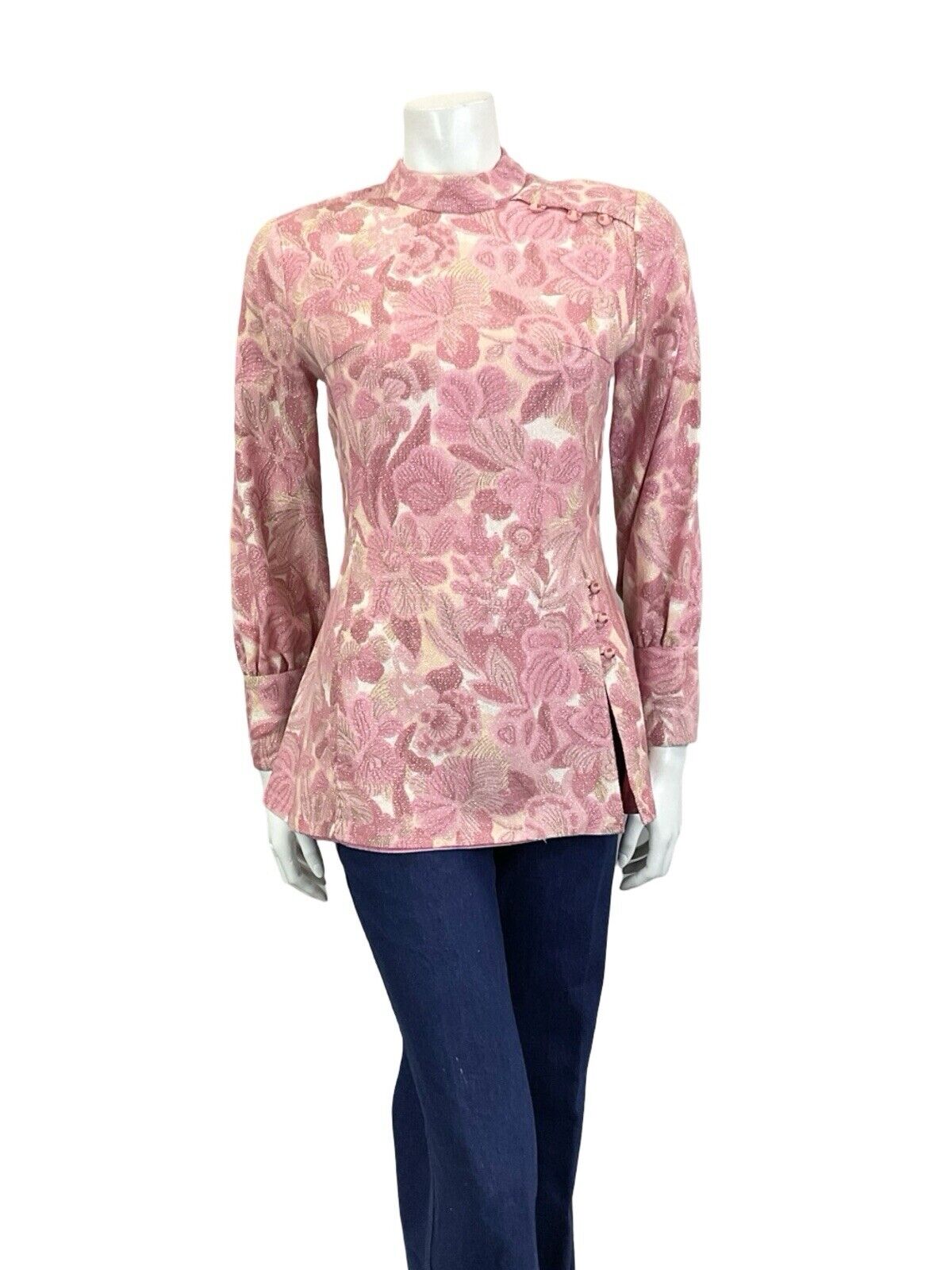 VTG 60S HIPPY PINK CREAM SPARKLING HIGH NECK BISHOP SLEEVE TUNIC PARTY TOP 8