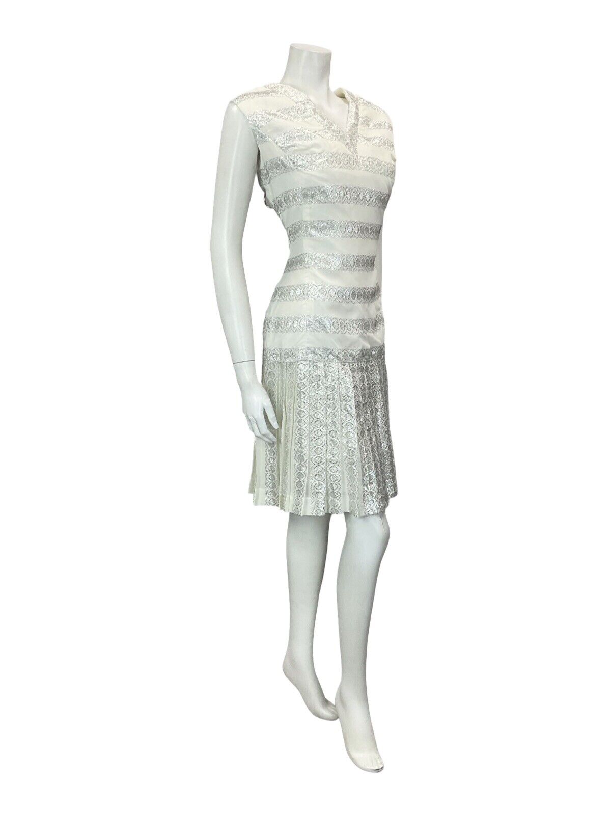 VTG 60S WHITE SILVER METALLIC RIBBON DROPPED WAIST PLEATED PARTY MIDI DRESS 14