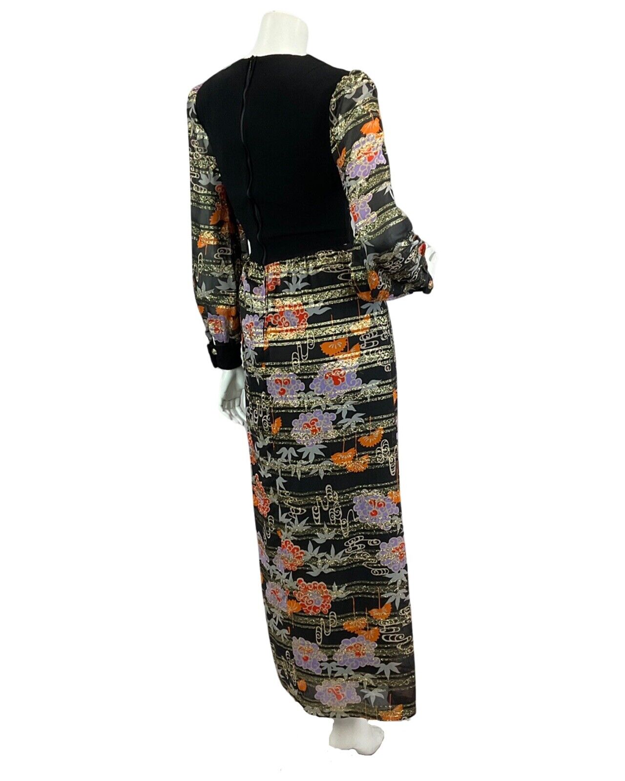 VTG 60s 70s BLACK GOLD ORANGE RED FLORAL METALLIC DISCO PARTY MAXI DRESS 8 10