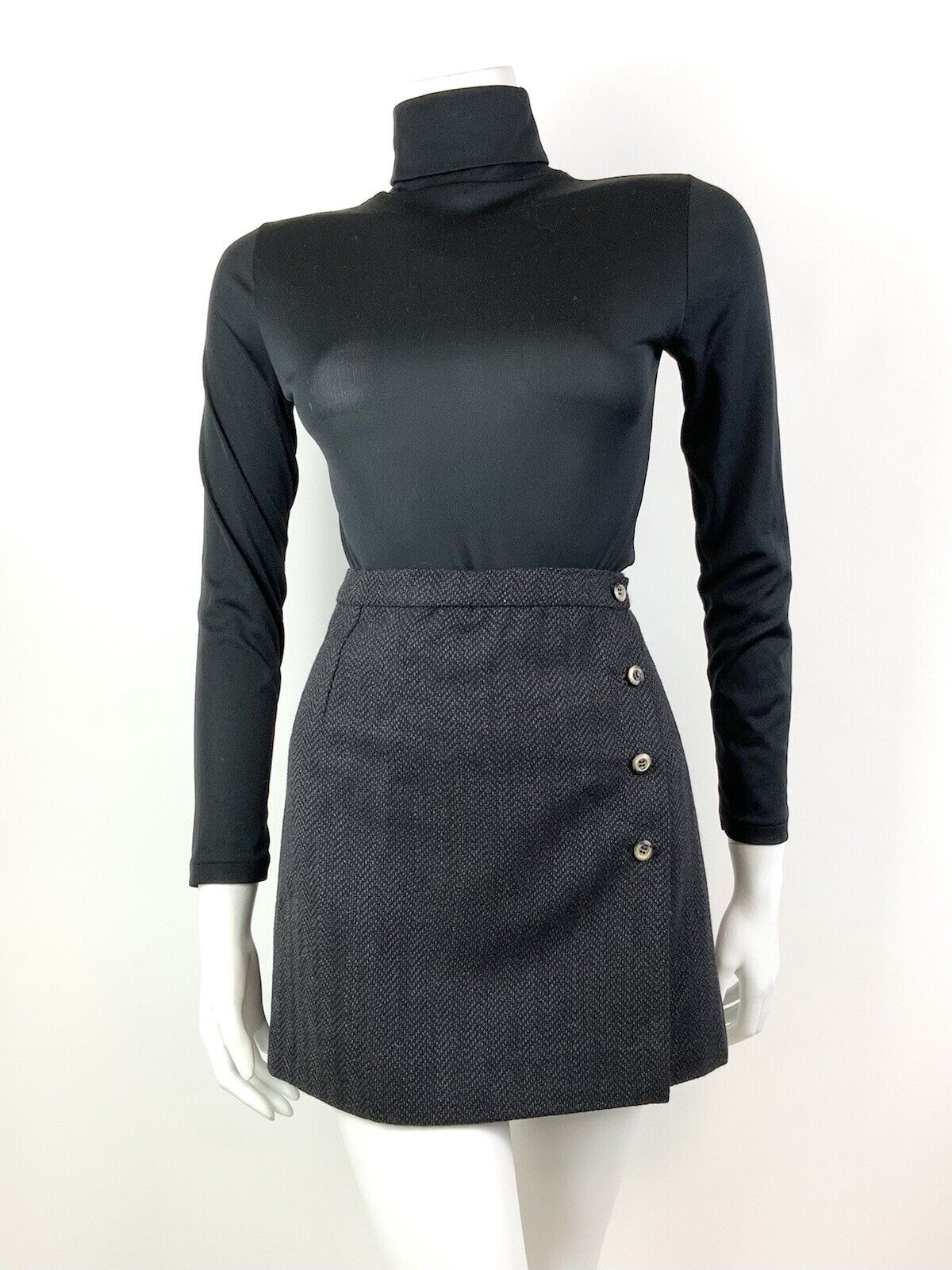 VINTAGE 60s 70s CHARCOAL GREY ZIG-ZAG MOD PREPPY WORKING GIRL WRAP SHORT SKIRT 8