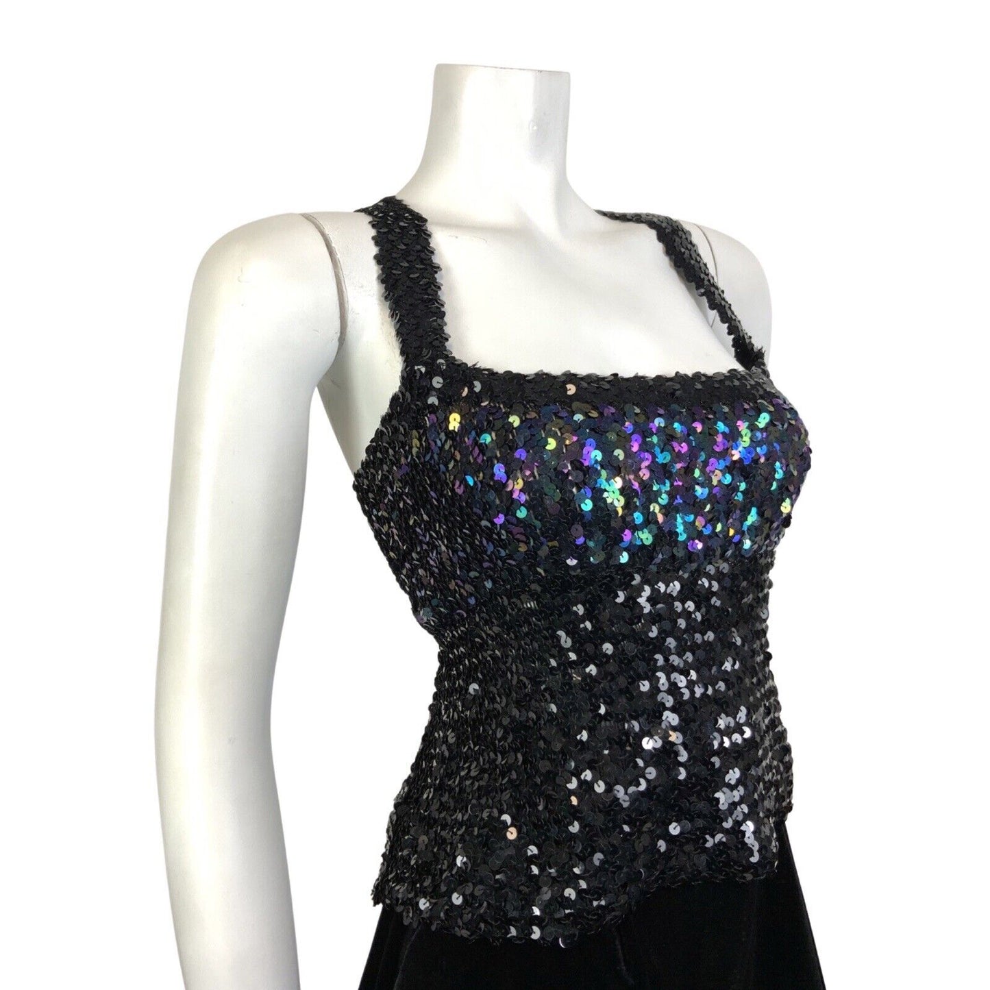 VINTAGE 70s 80s BLACK IRIDESCENT SEQUIN DISCO PARTY STRAPPY CROPPED TOP 14 16