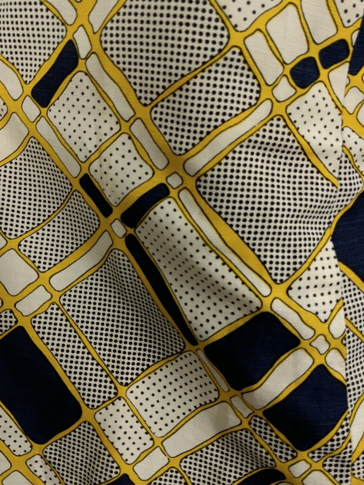 VINTAGE 60s 70s WHITE NAVY BLUE YELLOW GEOMETRIC POLKA-DOT MOD DRESS 10 12