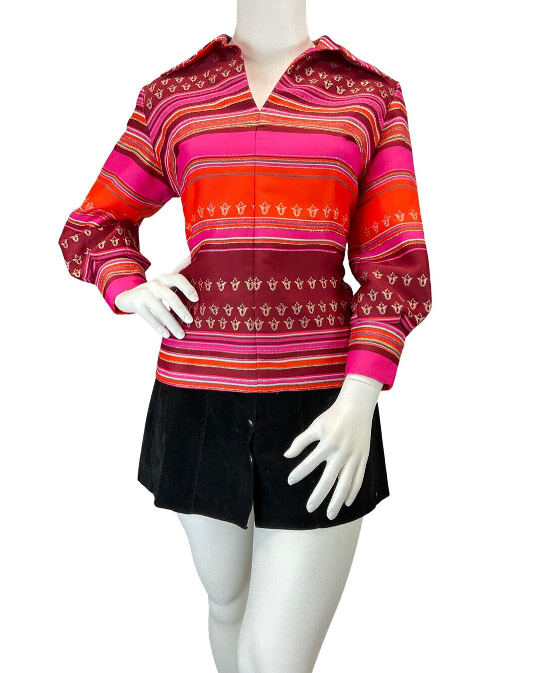 VINTAGE 60s 70s PINK GOLD STRIPED DAGGER COLLAR MOD PARTY BLOUSE SHIRT 20 22