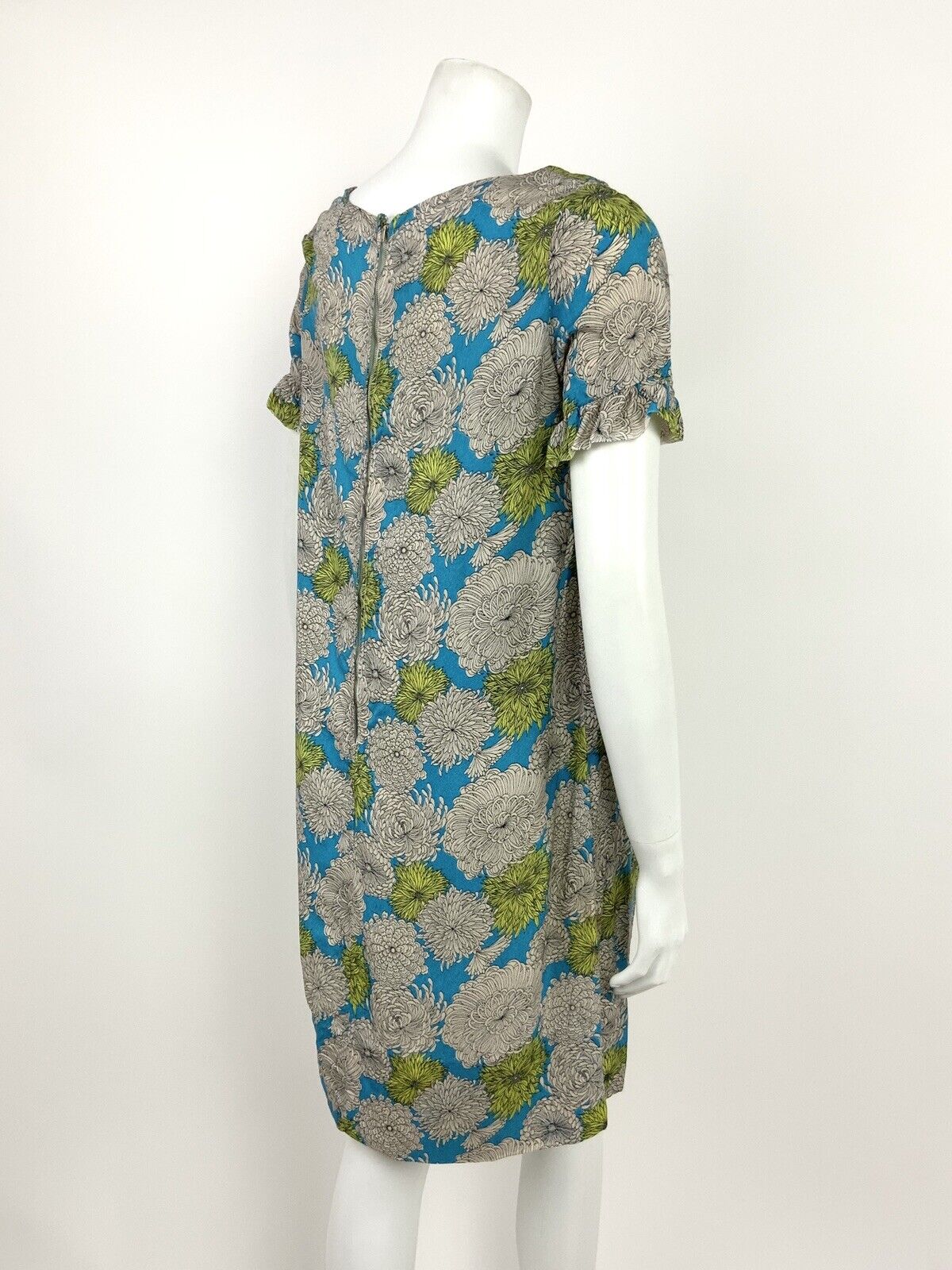 VTG 60s 70s BLUE LIME GREEN CHRYSANTHEMUM FLORAL PSYCHEDELIC SHIFT DRESS 10 12