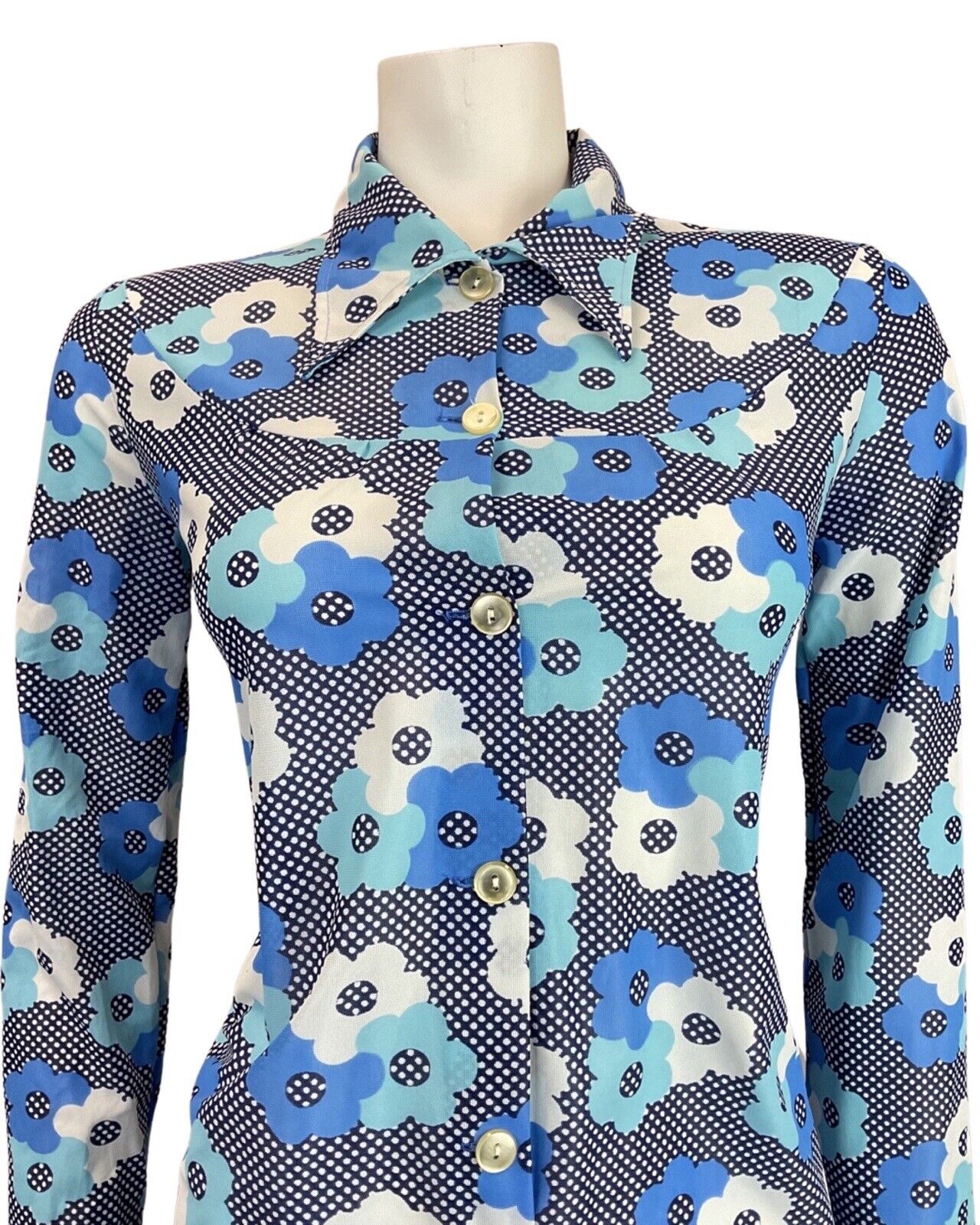VINTAGE 60s 70s BLUE WHITE POLKA-DOT DAISY FLOWER MOD DAGGER SHIRT DRESS 8 10