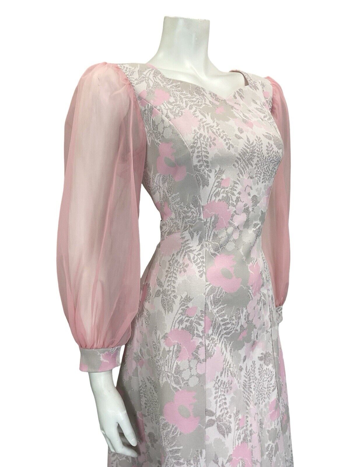 VTG 60S PINK GREY SILVER FLORAL SWEETHEART MESH SLEEVE PARTY MINI DRESS 12