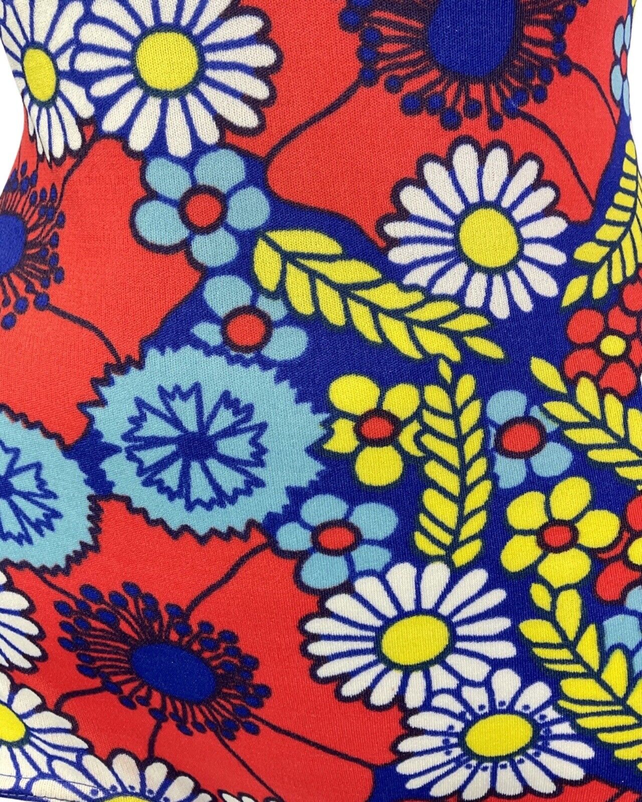 VINTAGE 60s 70s RED BLUE YELLOW DAISY FLOWER MOD SWIMSUIT BODYSUIT 10 12