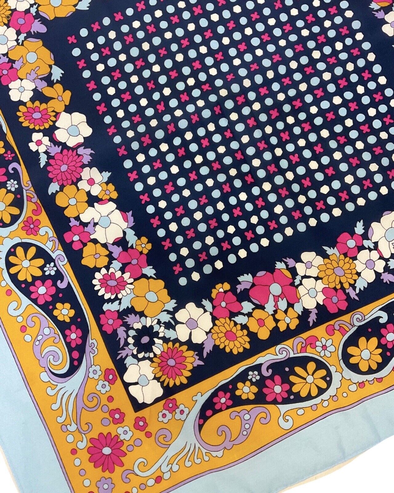 VINTAGE 60s 70s BLUE YELLOW PINK PSYCHEDELIC FLORAL PAISLEY MOD SQUARE SCARF
