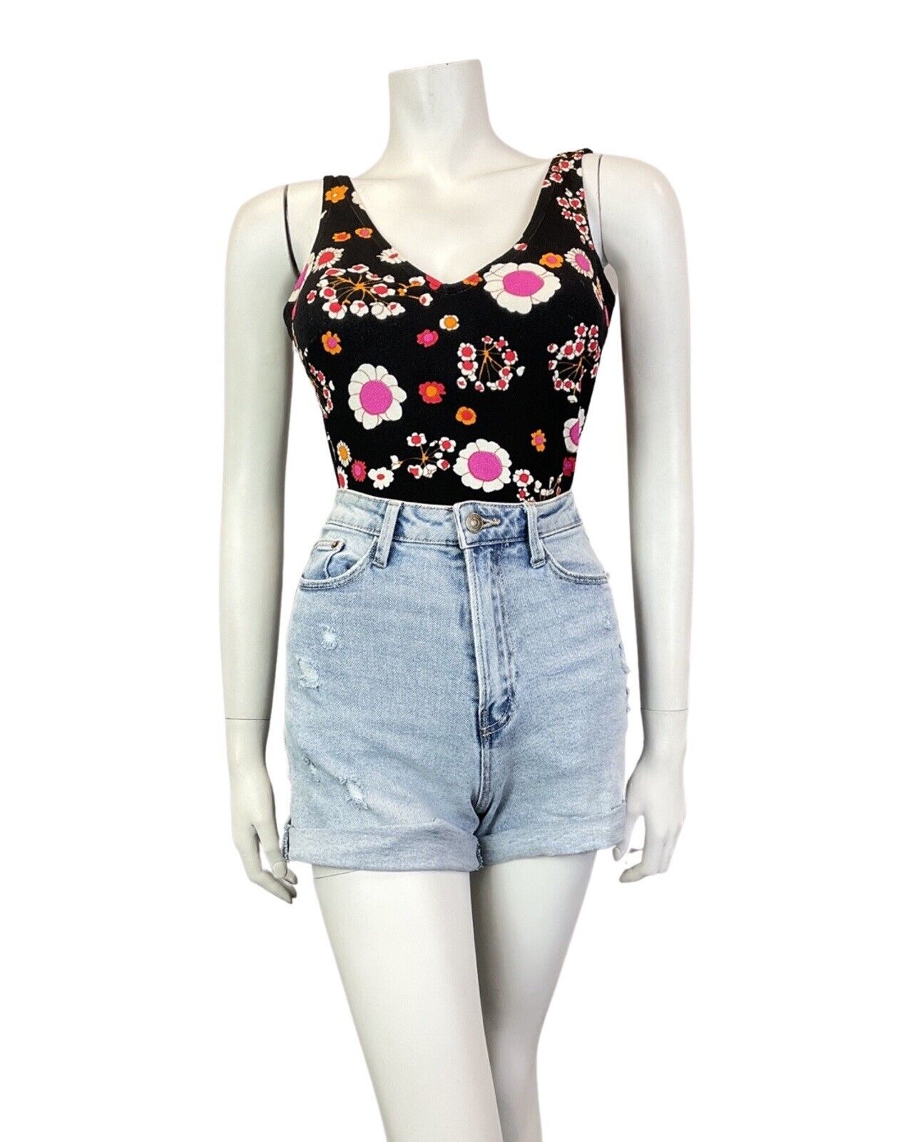 VINTAGE 60s 70s BLACK PINK WHITE DAISY FLOWER MOD SWIMSUIT BODYSUIT 10 12