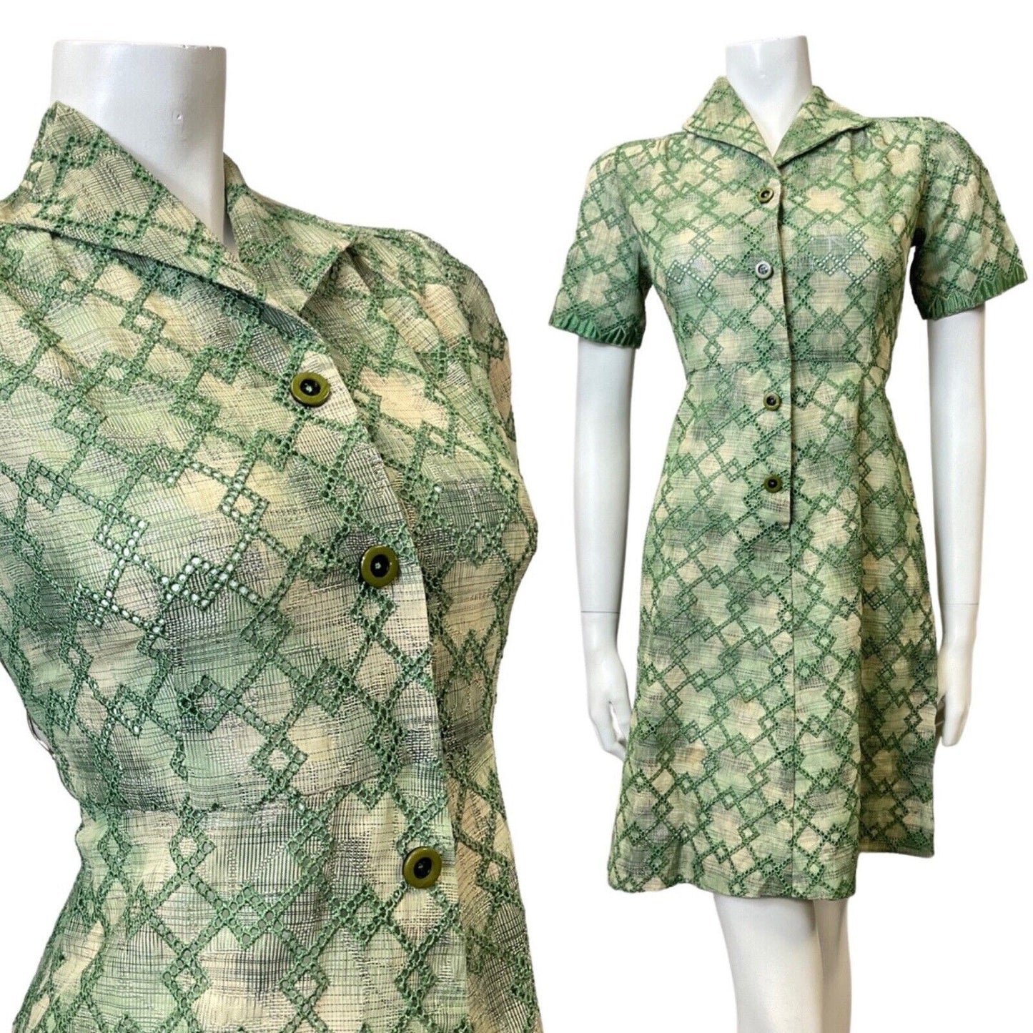 VINTAGE 60s 90s GREEN CREAM DIAMOND EMBROIDERED ANGLAISE MOD SHIRT DRESS 8 10