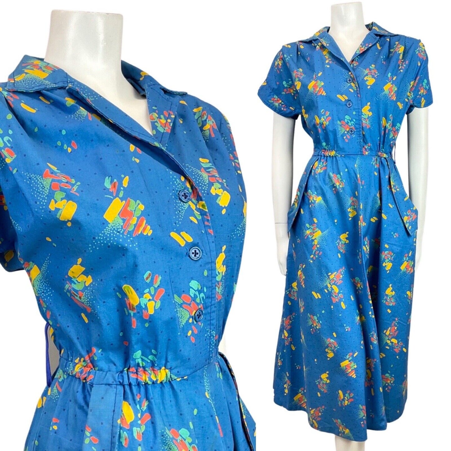 VTG 80s does 50s BLUE ORANGE GREEN ABSTRACT PAINT-STROKE SHIRT TEA-DRESS 10 12