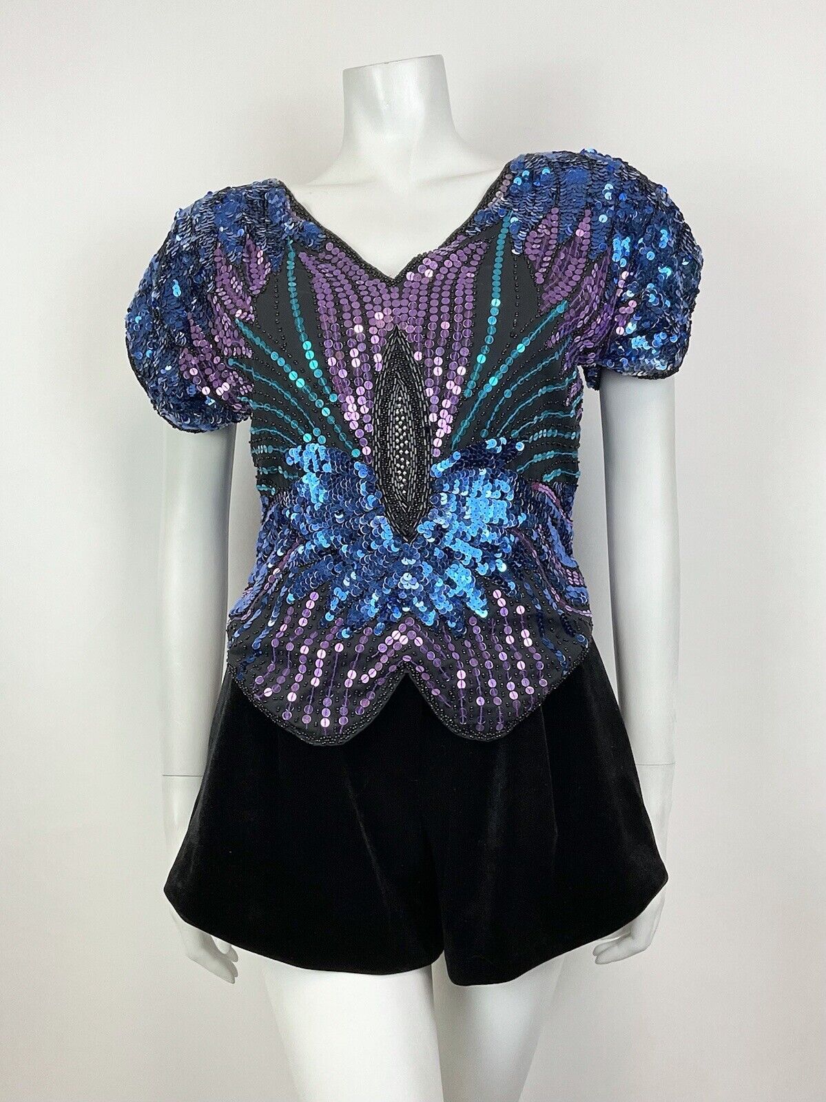 VINTAGE 70s BLUE PURPLE TEAL SEQUIN FLORAL STUDIO 54 DISCO GLAM BLOUSE TOP 8