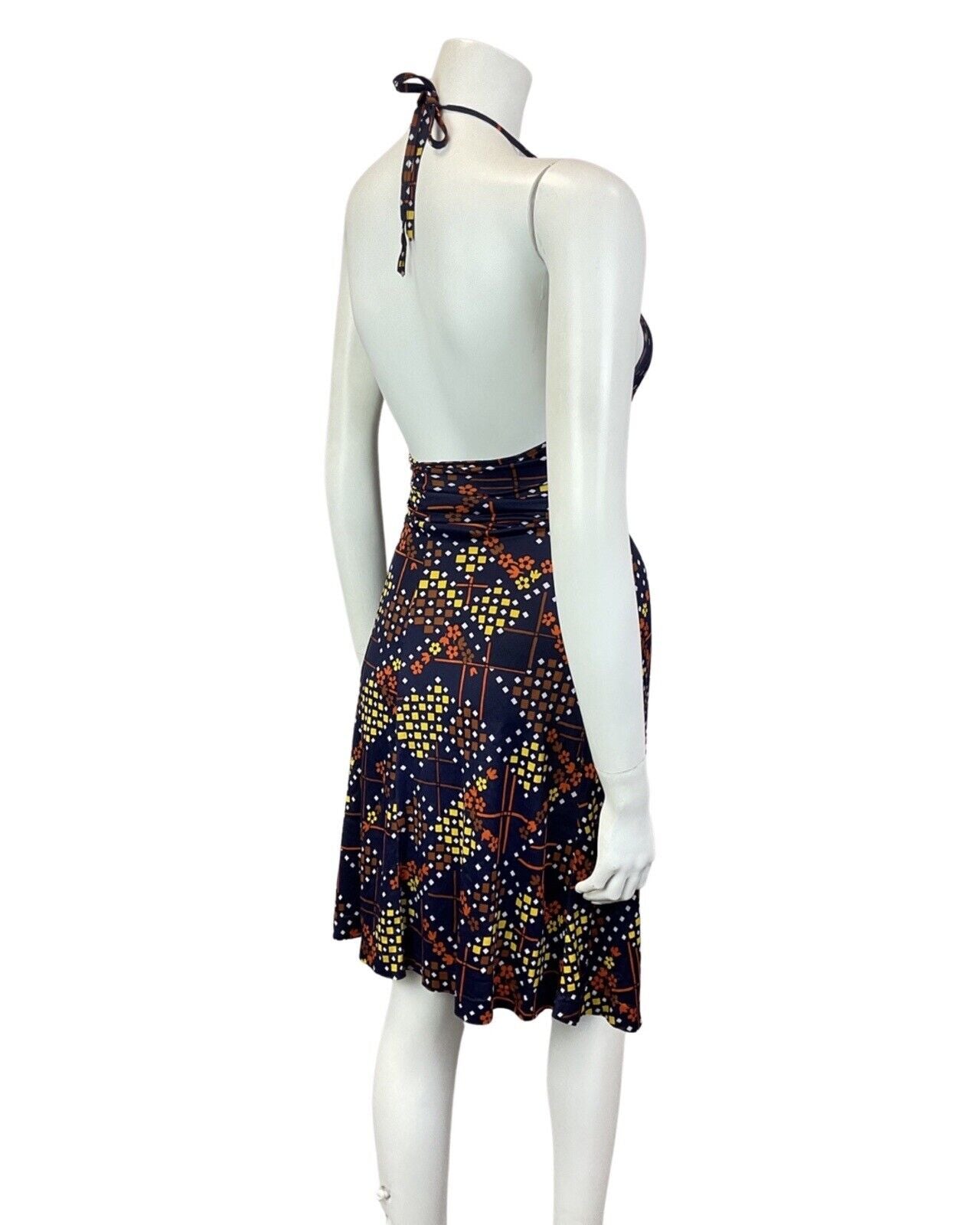 VINTAGE 60s 70s BLUE BROWN YELLOW GEOMETRIC MOD SUMMER HALTER DRESS 8