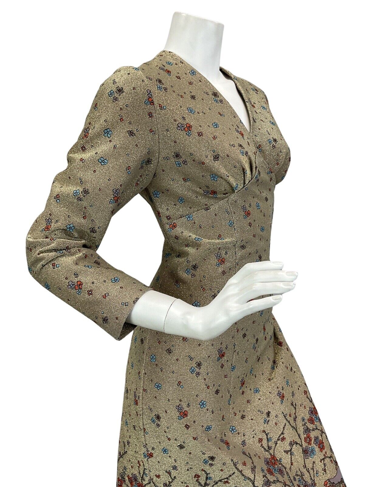 VINTAGE 60s 70s GOLD SPARKLY FLORAL BIRD PRINT DISCO BOHO FOLK MAXI DRESS 10 12
