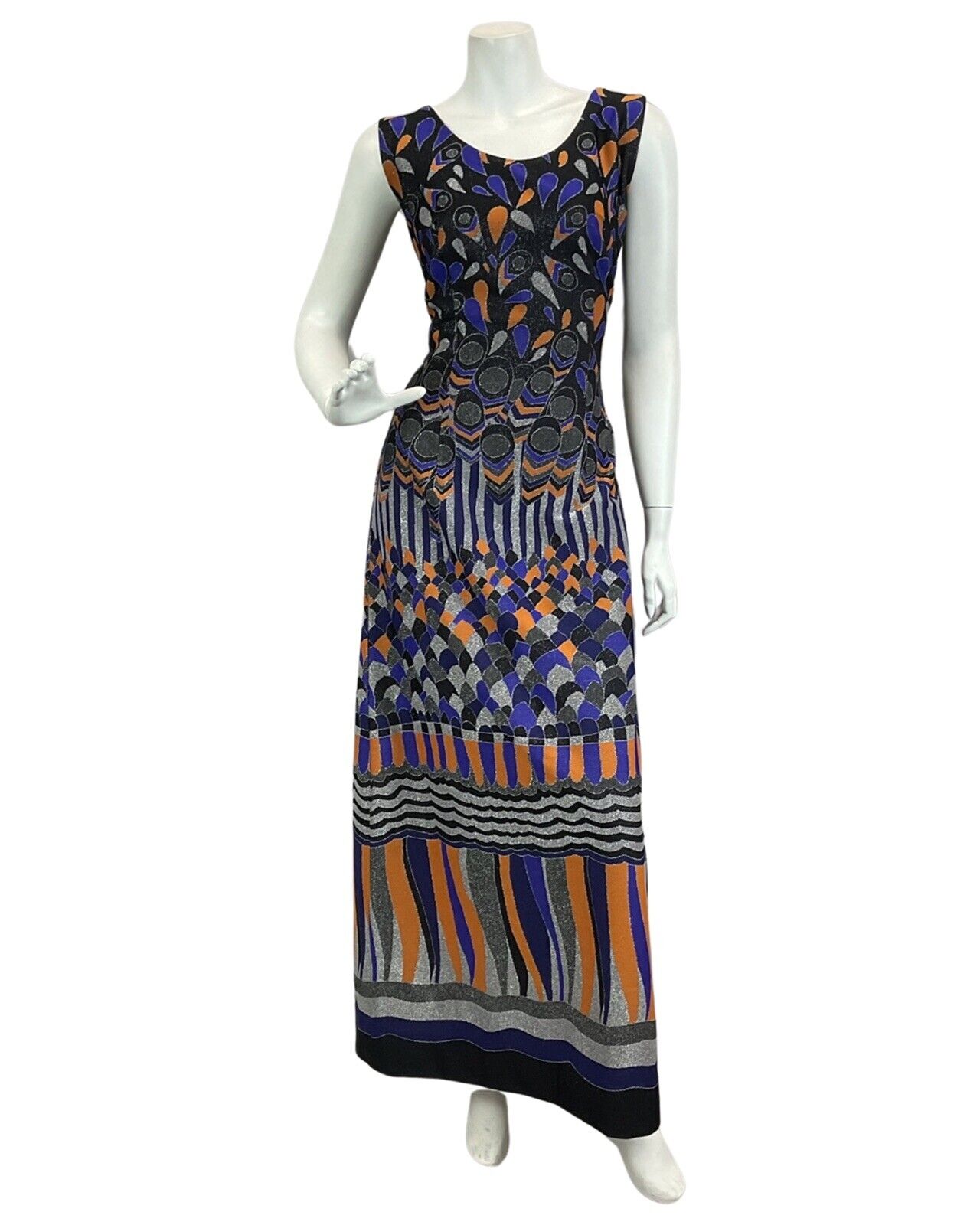 VINTAGE 60s 70s BLACK PURPLE ORANGE SILVER ABSTRACT DISCO PARTY MAXI DRESS 12