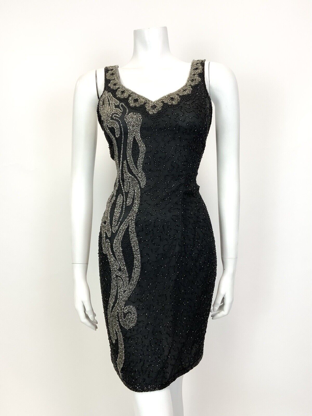 VINTAGE 70s 80s BLACK GREY SILVER BEADED SEQUIN STUDIO 54 GLAM PARTY DRESS 12