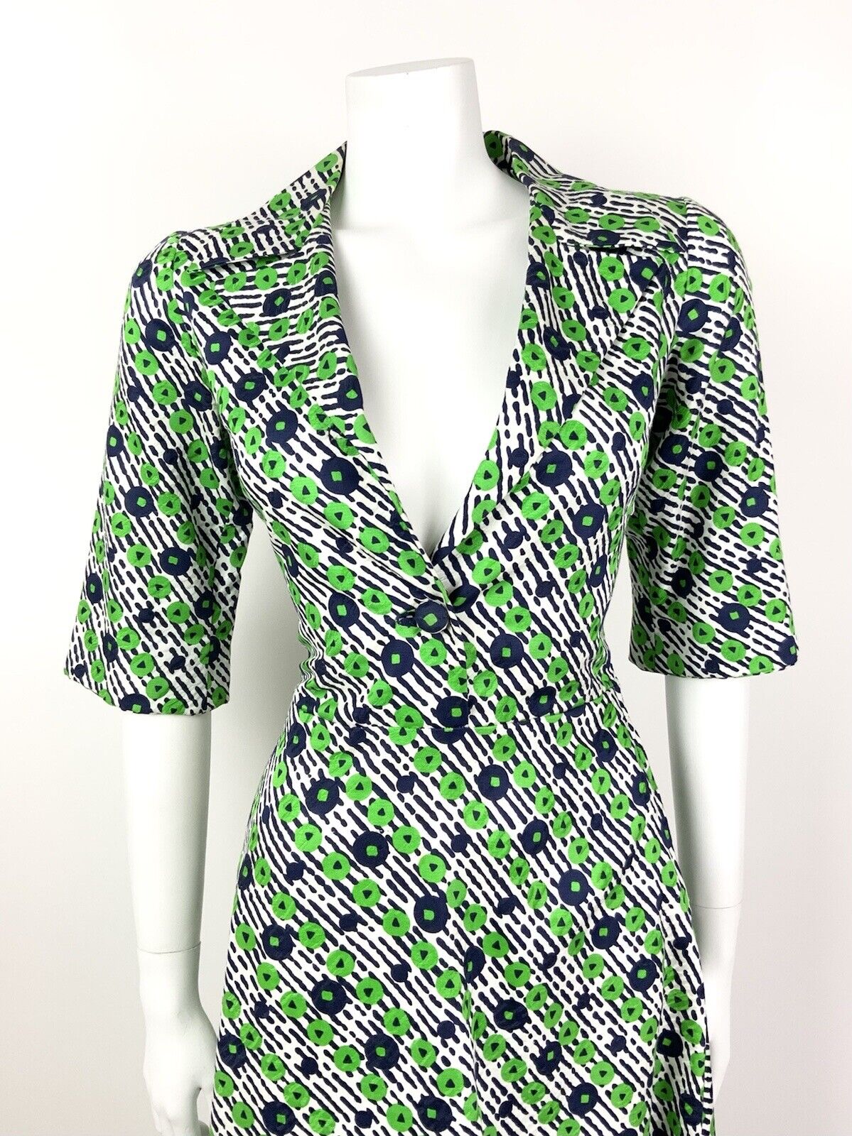 VINTAGE 60s 70s NAVY BLUE GREEN STRIPED FLORAL PLUNGING MOD SHIRT DRESS 12