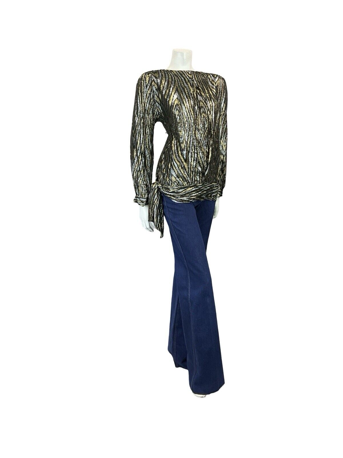 VTG 60S 70S GOLD SILVER BLACK PSYCHEDELIC DISCO DROPPED WAIST PARTY TOP 10