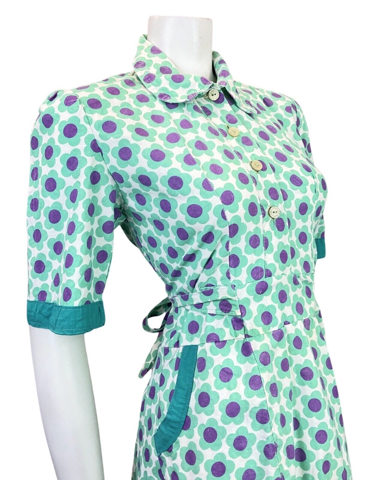 VINTAGE 60s 70s MINT PURPLE DAISY FLOWER MOD PETER PAN COLLAR SHIRT DRESS 14