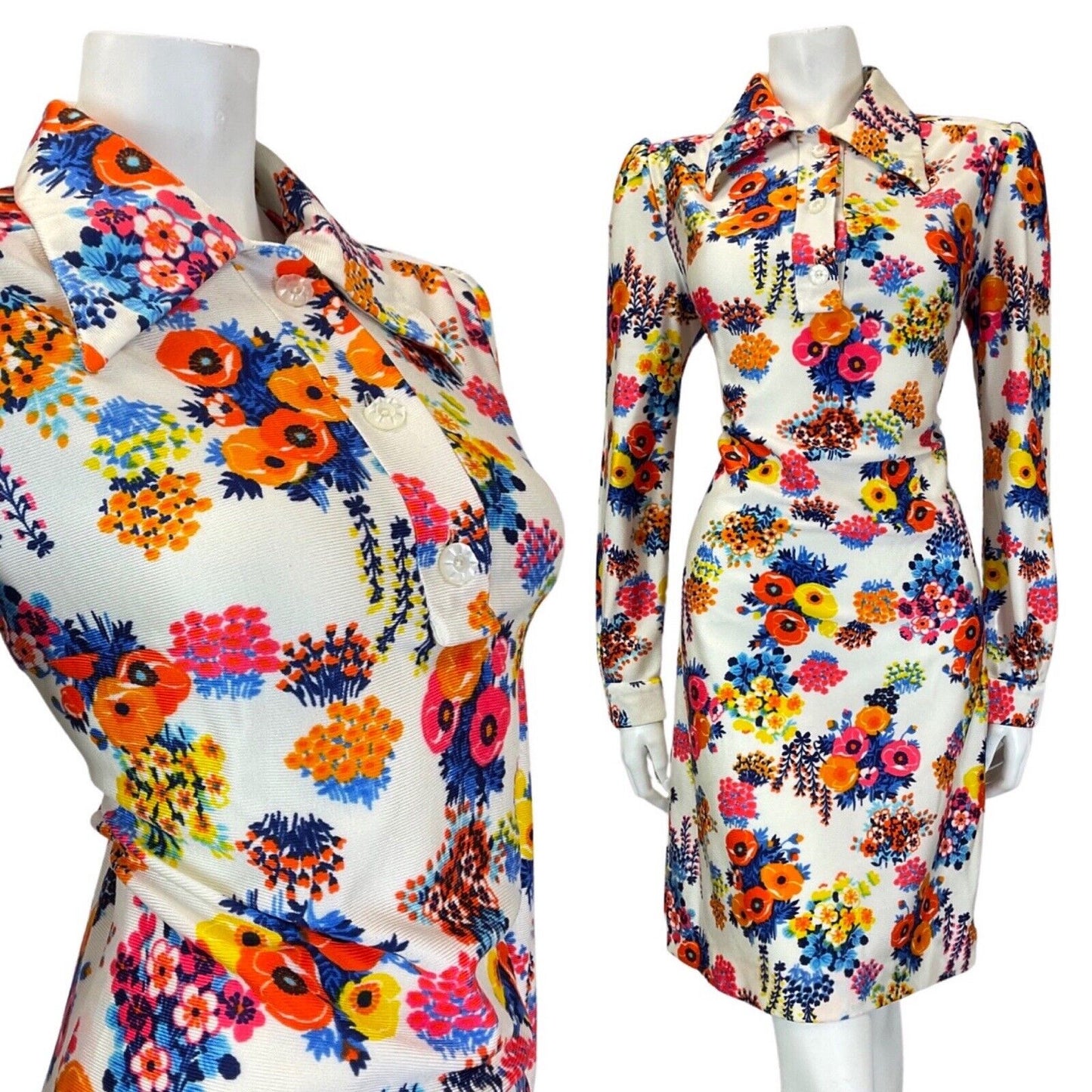 VINTAGE 60s 70s WHITE BLUE PINK FLORAL BOUQUET MOD DAGGER SHIRT DRESS 12 14